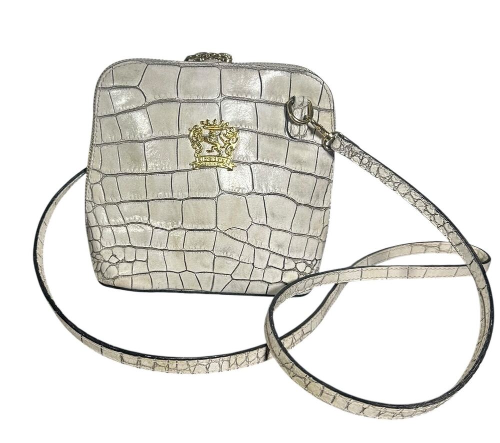 Pratesi Volterra Cream Croc Embossed Italian Leather Crossbody Bag